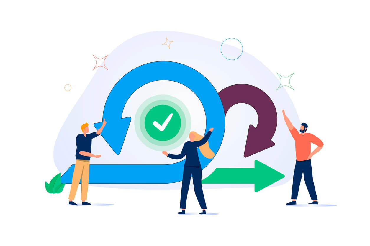 systems thinking showing feedback loops with cartoon people managing them