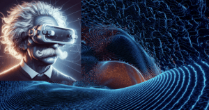 Einstein wearing VR goggles