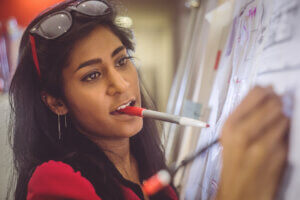 UX Designer draws on white board to a group of stakeholders