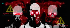 Three robots with evil eyes stare- AI AGI is a fantasy