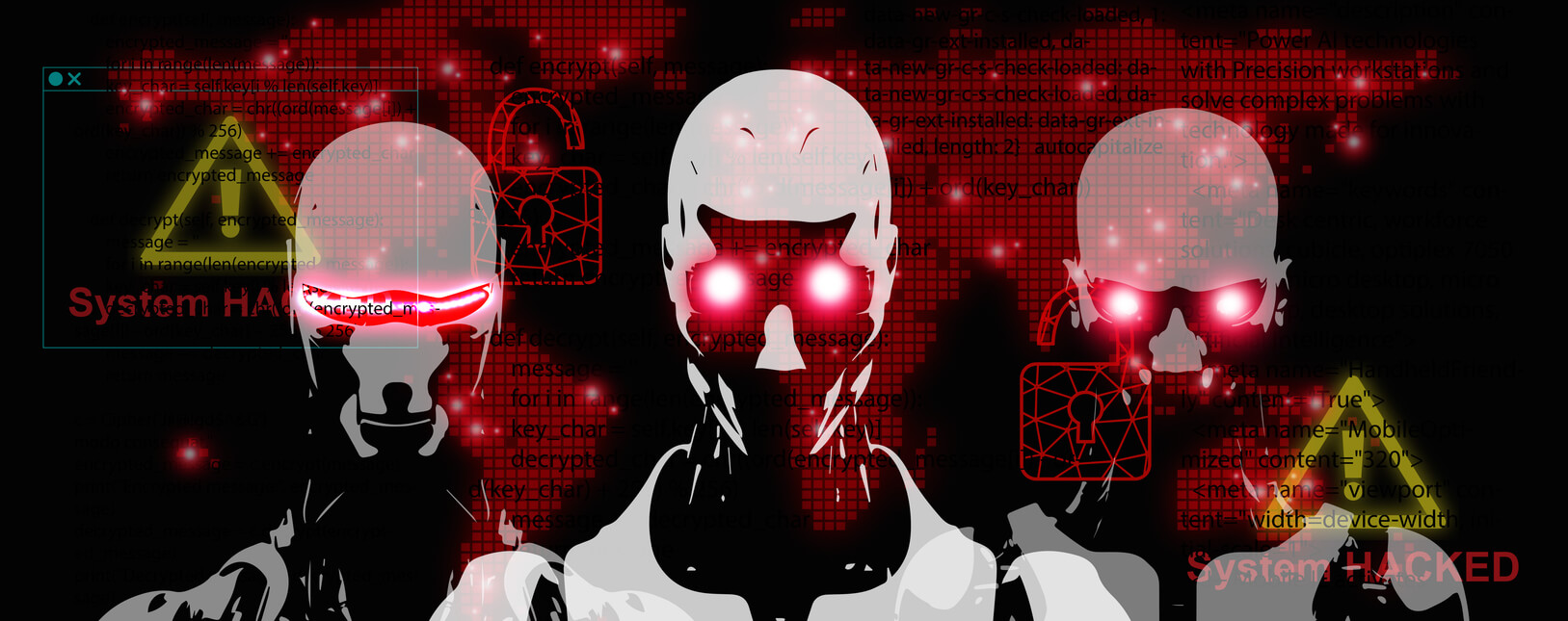 Three robots with evil eyes stare- AI AGI is a fantasy