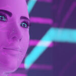 3d Avatar woman - face close up of virtual reality android looking forward to the future on a purple and blue background.