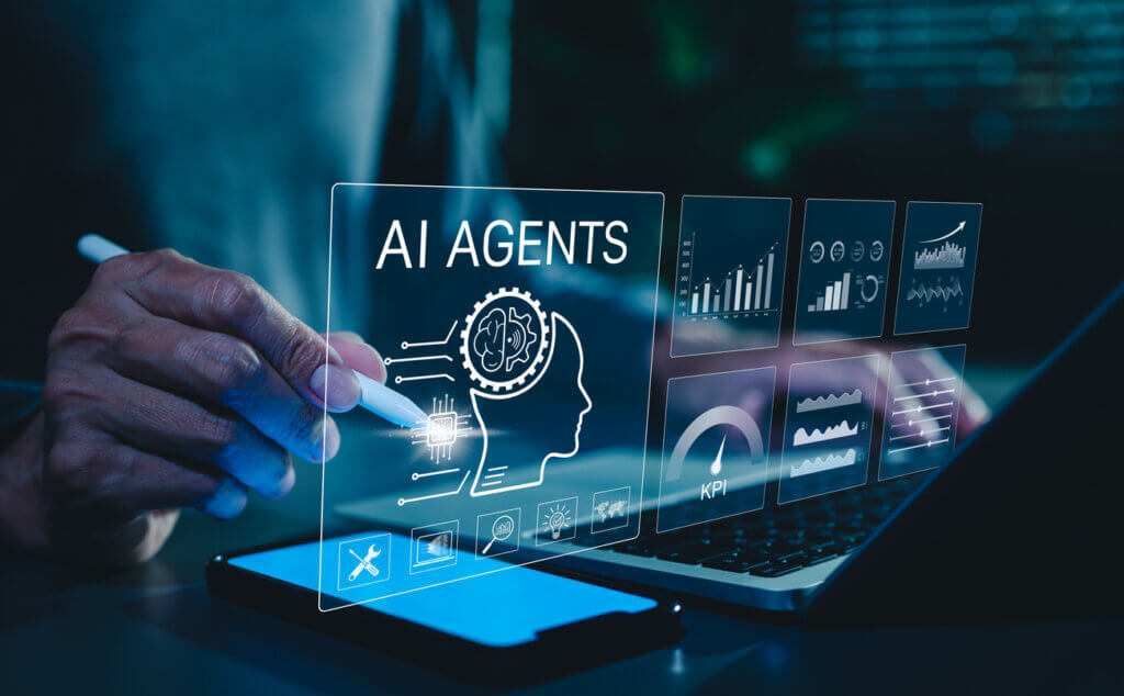AI Agent Concept. Person interacts with AI agent using a tablet, phone, computer