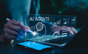 AI Agent Concept. Person interacts with AI agent using a tablet, phone, computer