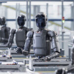 Automation AI humanoid robots working away in a factory