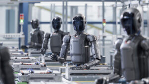 Automation AI humanoid robots working away in a factory
