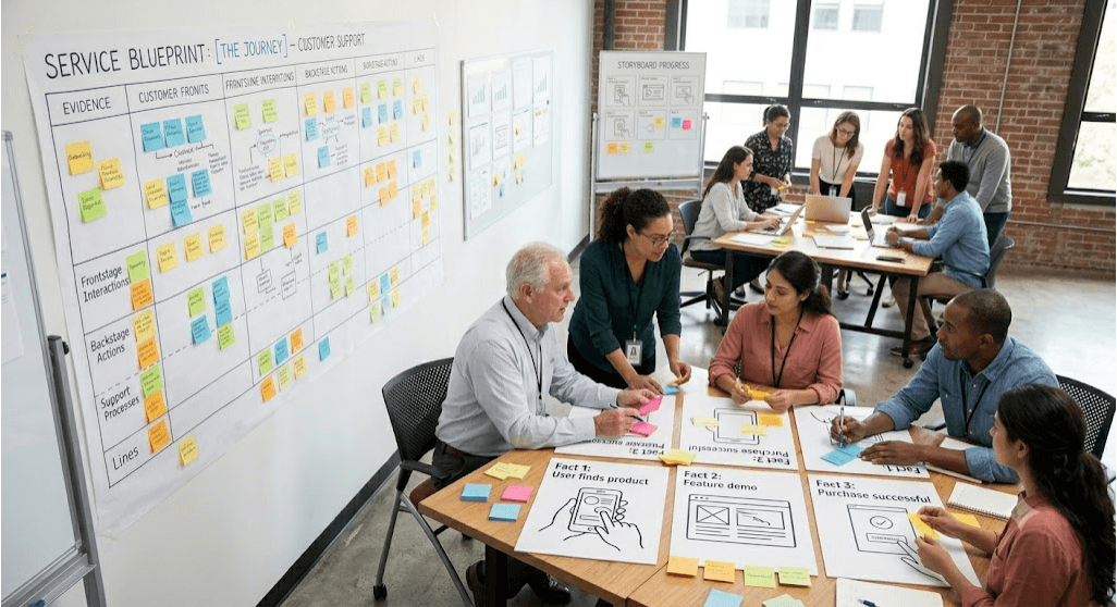 a team maps a customer journey in a workshop format