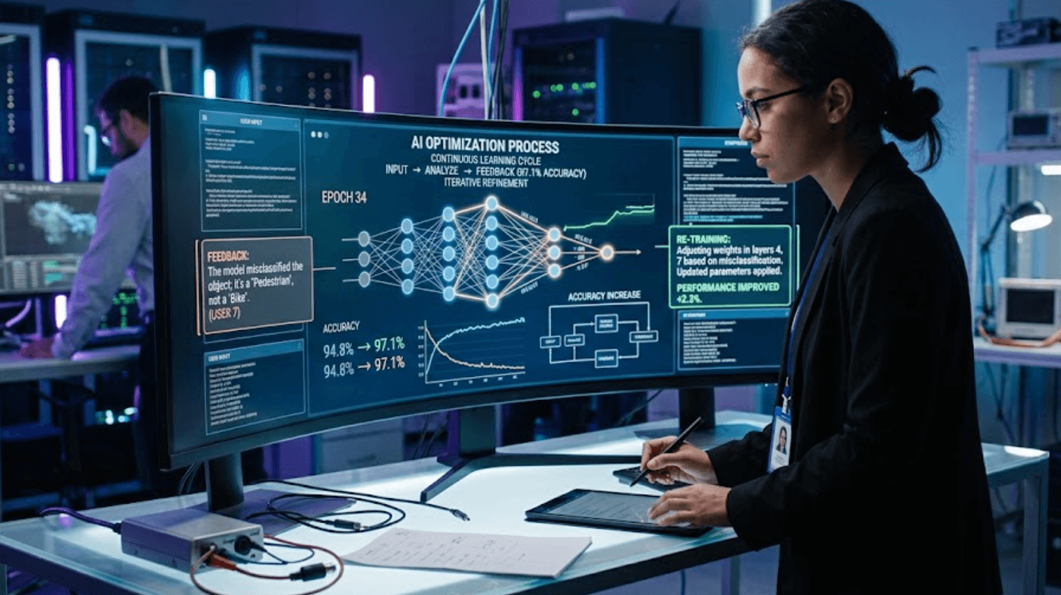 AI engineer improves models as she watches over a machine working