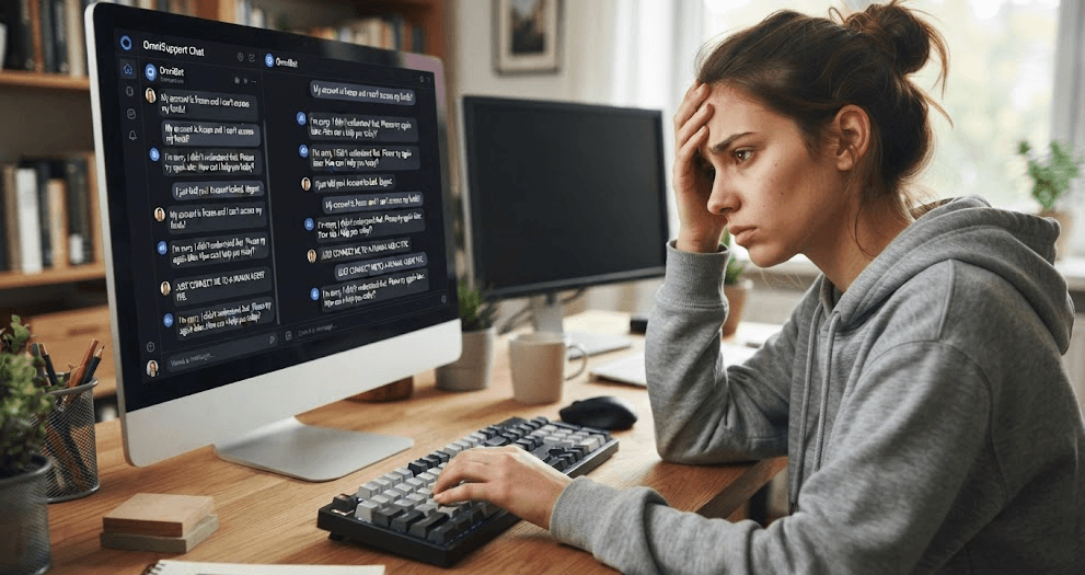 AI chatbot detaults frustrate a white female user starting a screen with hand on her forehead